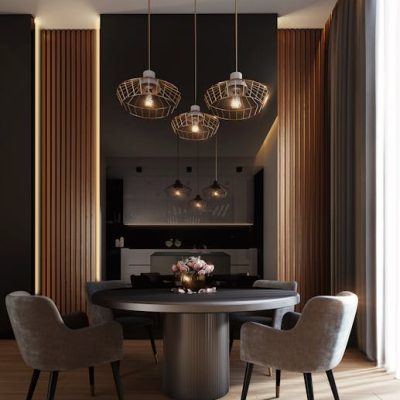 A sophisticated, contemporary dining room with elegant lighting and luxurious furnishings.